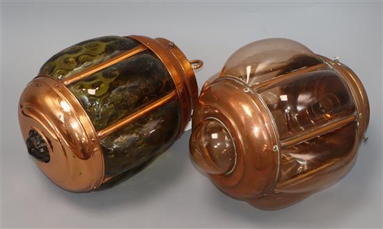 A copper mounted glass lantern and a copper plated lantern height 25cm